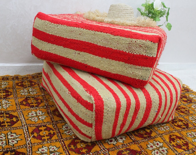 Moroccan Kilim Pouf, Floor Cushion, Vintage Moroccan Bujaad cushion