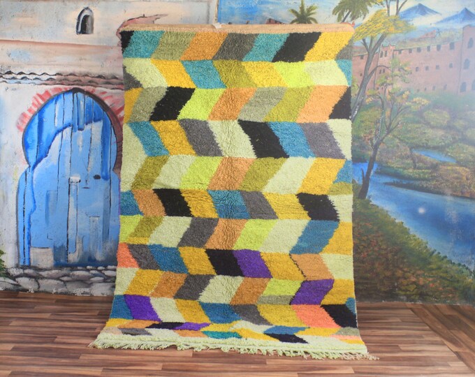 Bohemian Yellow Rug, Custom Fabulous Boujad Rug, Authentic Moroccan Rug, Azilal Rug, Abstract Multicolored Carpet, Handmade Rug
