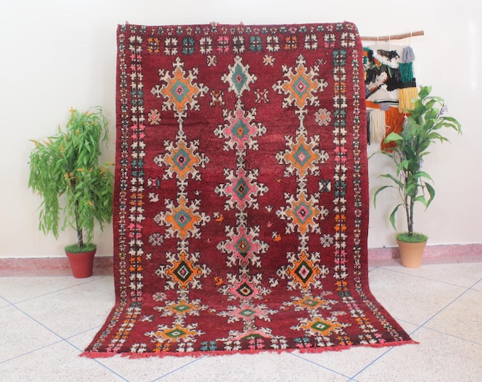 Vintage Handmade Wool Boujad Rug Red and Bright colors Living Room, Abstract Rug, boujad rug, Authentic Rug