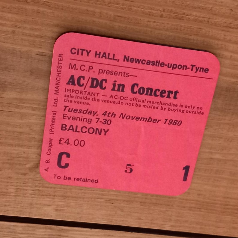 AC/DC Ticket Coaster: Newcastle City Hall, 1980 - Etsy UK