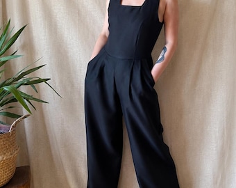 Vintage elegant evening jumpsuit S 90s, disco wide leg catsuit cocktail palazzo overalls pleated