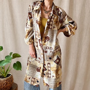 Abito vintage ampio taglie forti 3XL anni '80, camicia dai toni terrosi con spalline, spolverino safari estivo