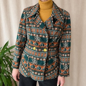 blazer L à imprimé éléphant des années 70, saharienne des années 60, manteau palmiers, folk indien