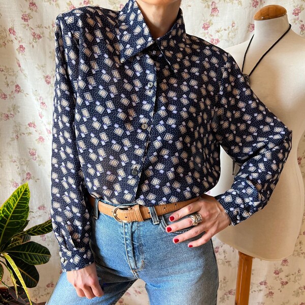 Vintage 70s style dagger collar sheer navy shirt, button up funky office business casual chic graphic coquette baroque elegant flowy size XL