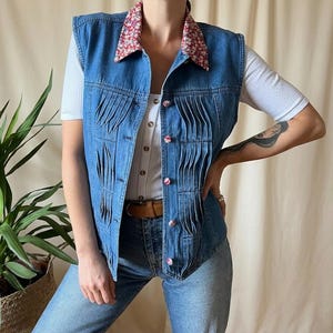 Vintage denim vest M 90s, floral collar pleated clown cottagecore country