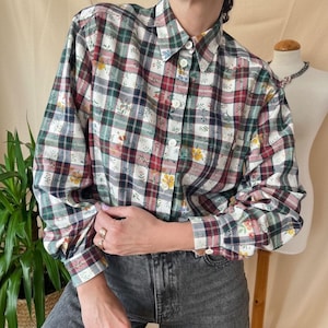 Vintage tyrolean plaid shirt M, Gössl dirndl top Austrian folk floral country prairie