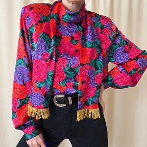 Vintage satin tie collar blouse M 80s, button back shiny disco party
