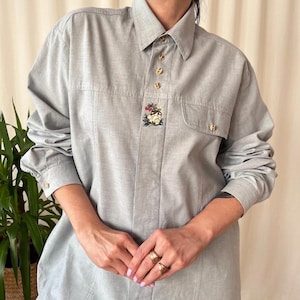 Camisa vaquera vintage Trachten para hombre, talla XL, años 90, con setas bordadas, estilo folk alpino, estilo austriaco, con botones.