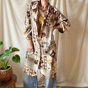 Vintage plus size duster shirt 3XL 80s, button front dress patchwork summer top 2XL