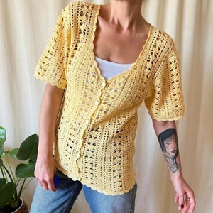 Vintage crochet cardigan M 90s, pastel cotton folk knit top handmade granny summer knitwear