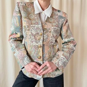 Giacca vintage in broccato M anni '90, blazer patchwork elegante in stile boho squadrato da lavoro