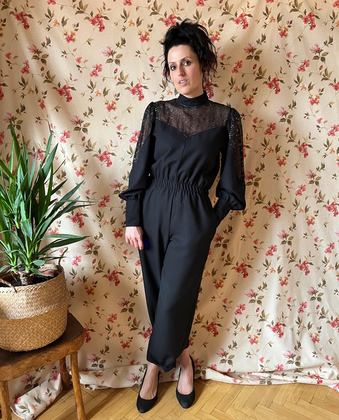 ヴィンテージグラムロックジャンプスーツS 70年代、シアーグリッター80