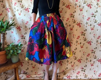 Vintage colourful silk midi skirt metallic 90s, retro bohemian shiny feminin chic high waist artsy evening elegant coquette funky culottes S