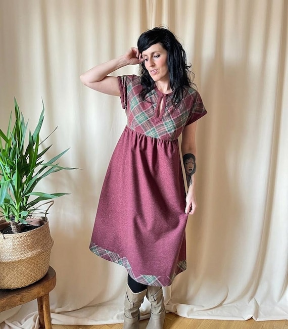 plaid burgundy dress Burgundy Plaid Patchwork V-Neck Prom Dress main image 1