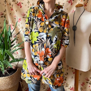 Vintage Hawaiian hooded duster 90s 2XL 3XL, tropical hibiscus floral shirt plus size jacket unisex Aloha beachwear festival