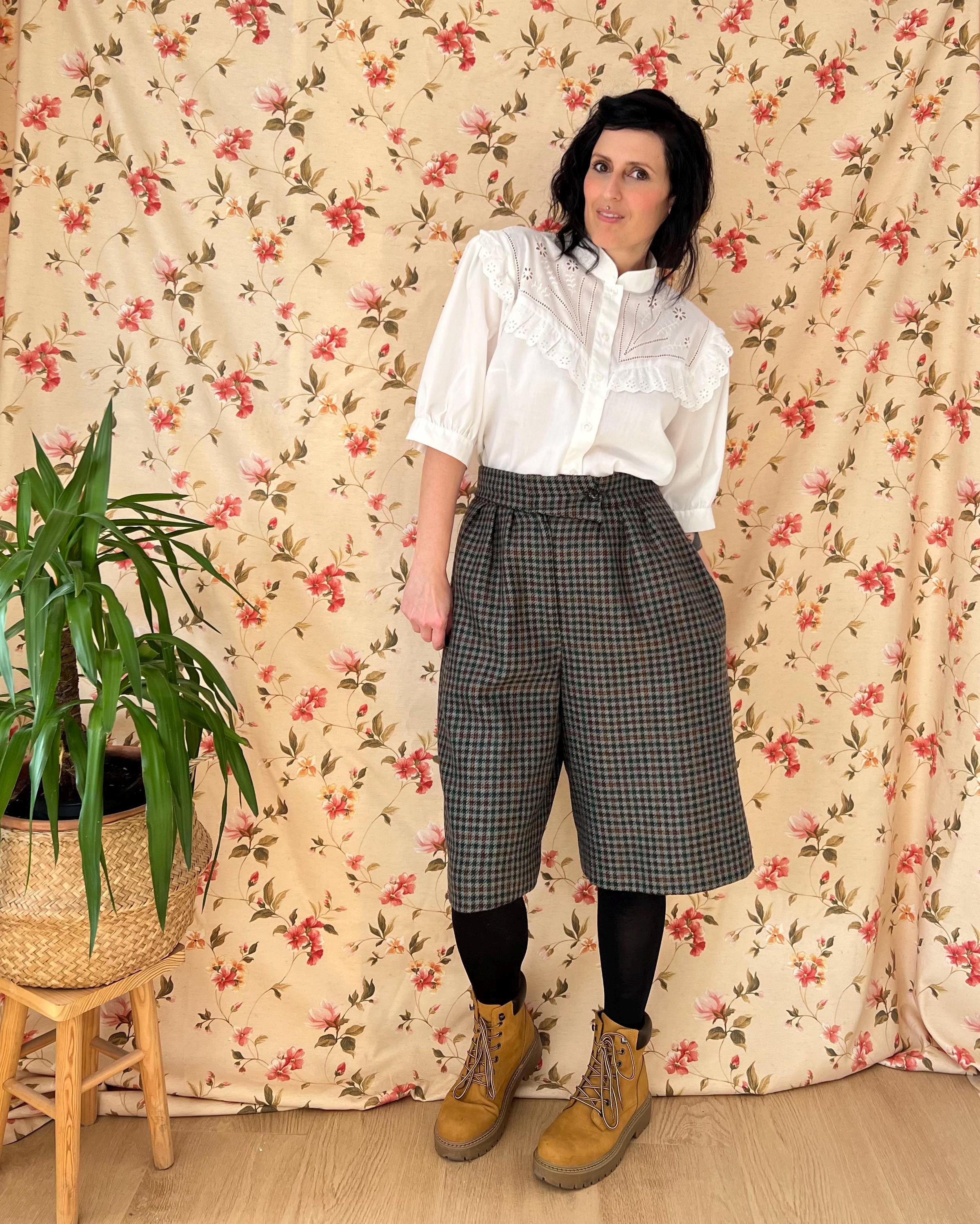 Vintage Plaid Wool Culottes 80s L, Winter Midi Skirt Pants Office