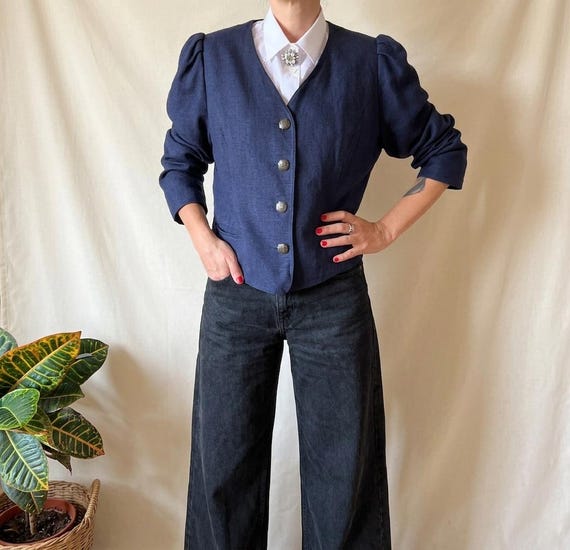 Vintage Tyrolean Navy Blazer XL 80s, Linen Dirndl Trachten 