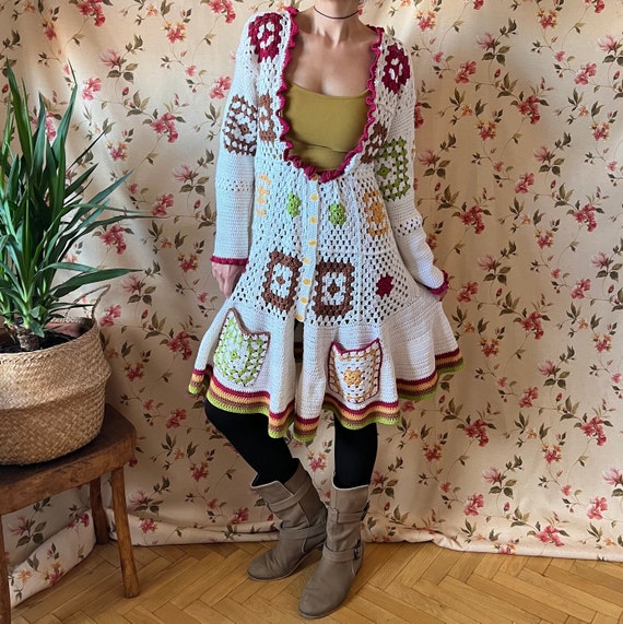 Robe au crochet vintage des années 70 L XL, cardigan midi grand