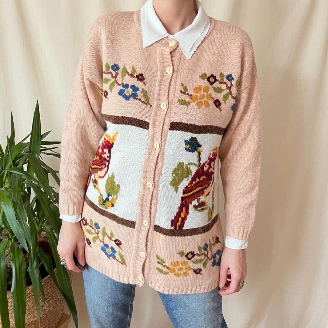 SIROGOJNO シロゴイノ 3D 北欧ハンドニット　刺繍　ヴィンテージ Vintage Bird Embroidery Cardigan L 90s, Sirogojno Style