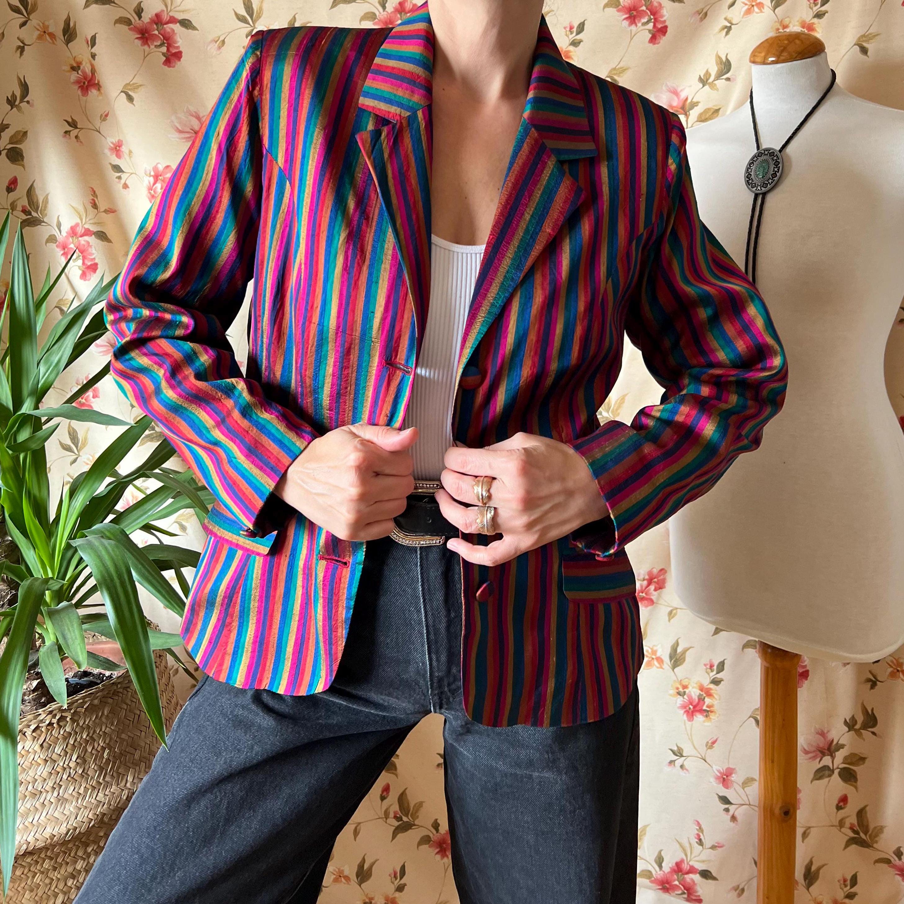 Vintage silk jacket Monsoon 90s S M, colourful metallic blazer clown wedding dressy blazer evening elegant shoulder pad cocktail feminine
