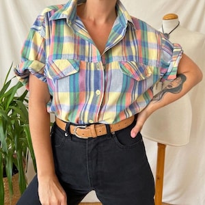 Vintage pastel plaid shirt XL 50s style 90s, check cottagecore western retro preppy prairie