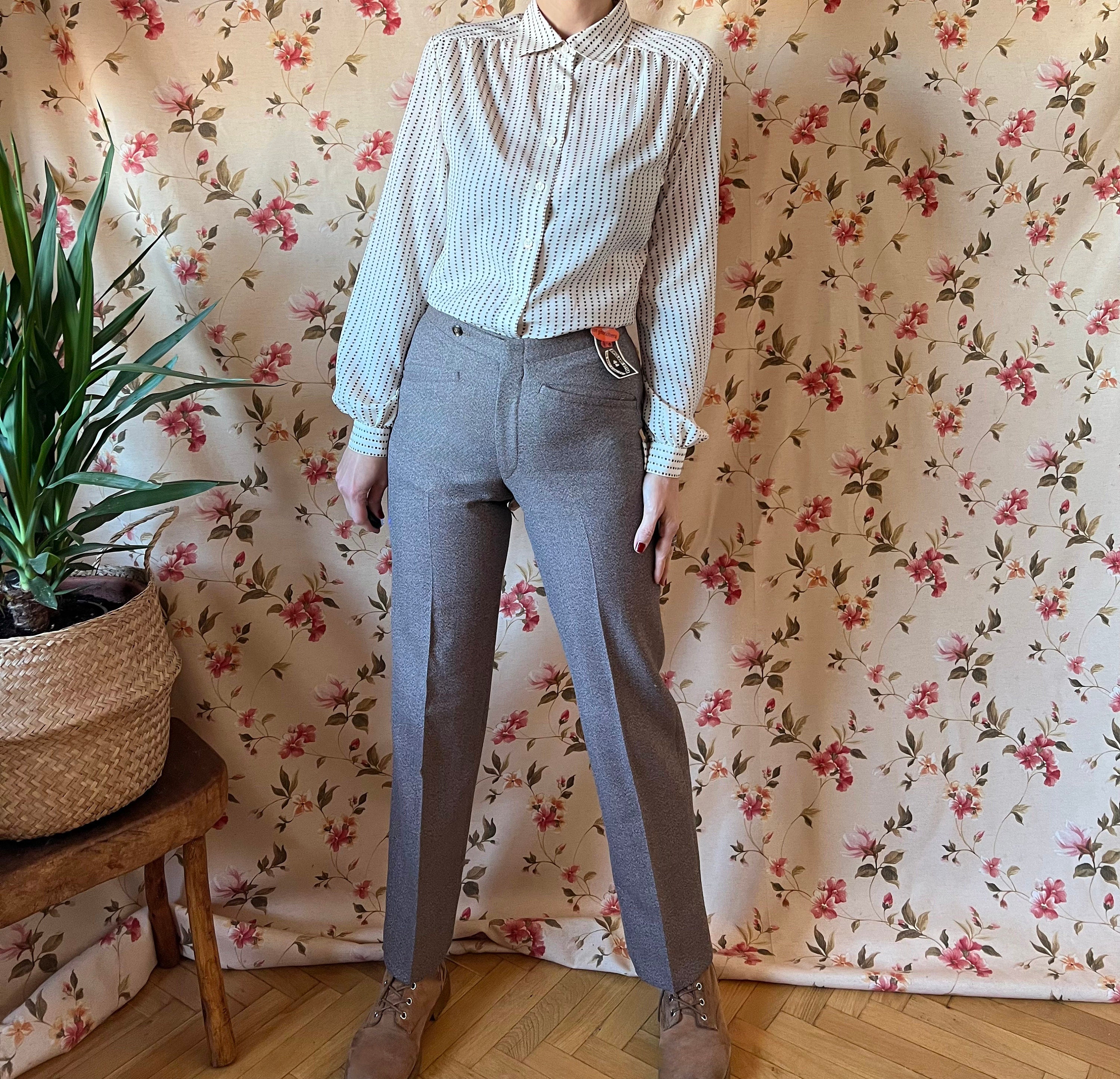 Vintage 60s Beige Wool Pants XS 70s, Deadstock Preppy High