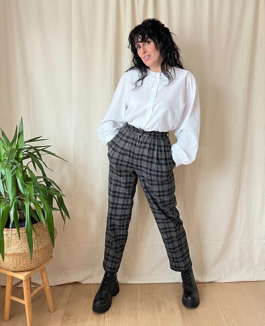 Vintage Plaid Wool Blend Pants S 40s, 80s Dark Academia Tapered