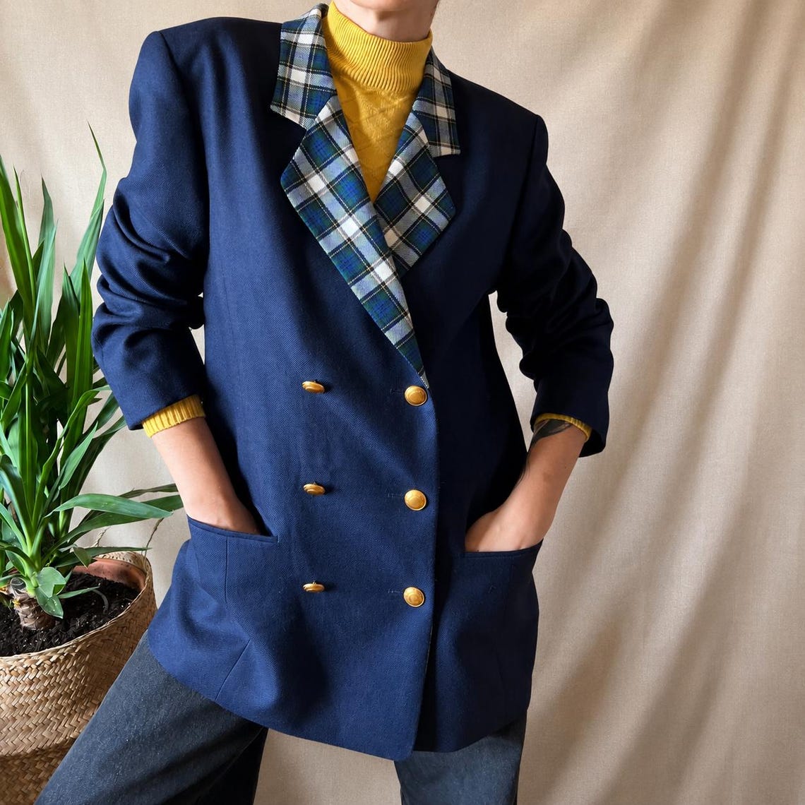 Vintage business wool jacket XL 80s, elegant navy blazer elegant classy office coat, foto 2 de 5