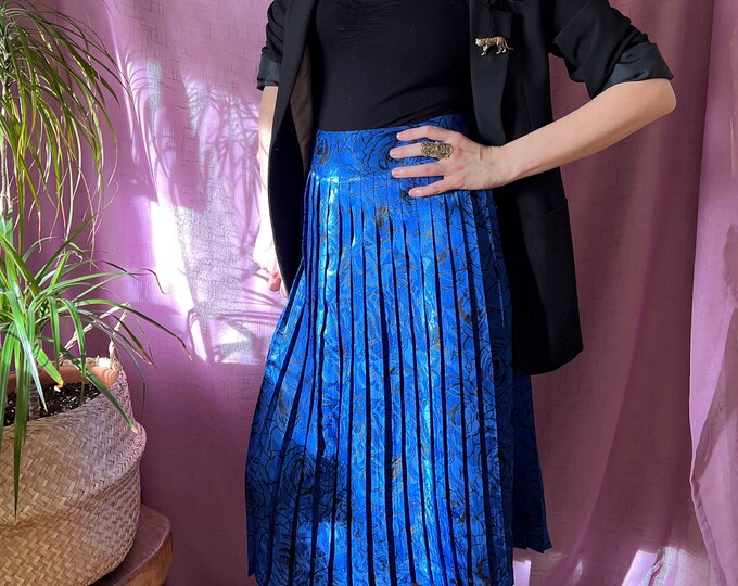 Vintage Royal Blue Pleated Skirt XL, Midi Shiny 80s Bohemian Feminine ...
