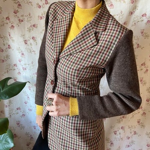 Vintage plaid brown blazer 80s L, wool blend jacket British style academia checkered office fall retro classy