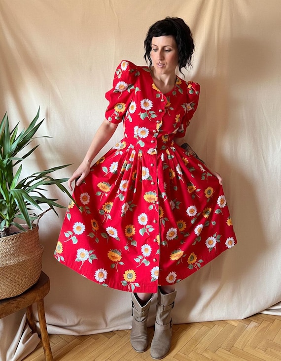 Vintage Sunflowers Prairie Midi Dress S 80s, Cottagecore Austrian Button Front Babydoll