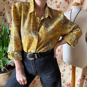 Vintage funky ethnic shirt 90s, retro artsy aztec crazy print outfit baroque mustard button up disco evening balloon geometric top 80s XL