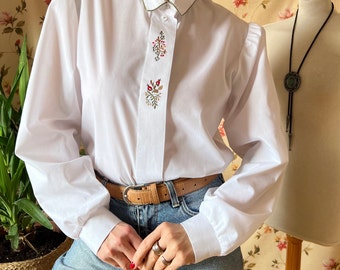 Vintage floral embroidery goblin shirt 90s XL, Peter pan cottagecor folk babydoll romantic trachten button up puff prairie Austrian chic top