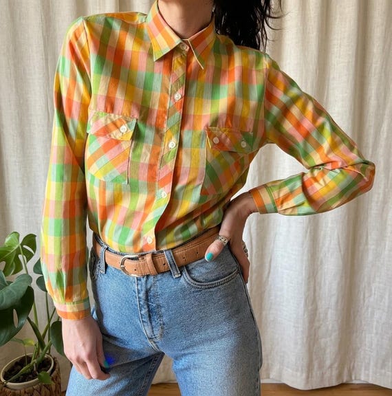 Vintage 70s Plaid Shirt S, Western Button up Mustard Folk Top 