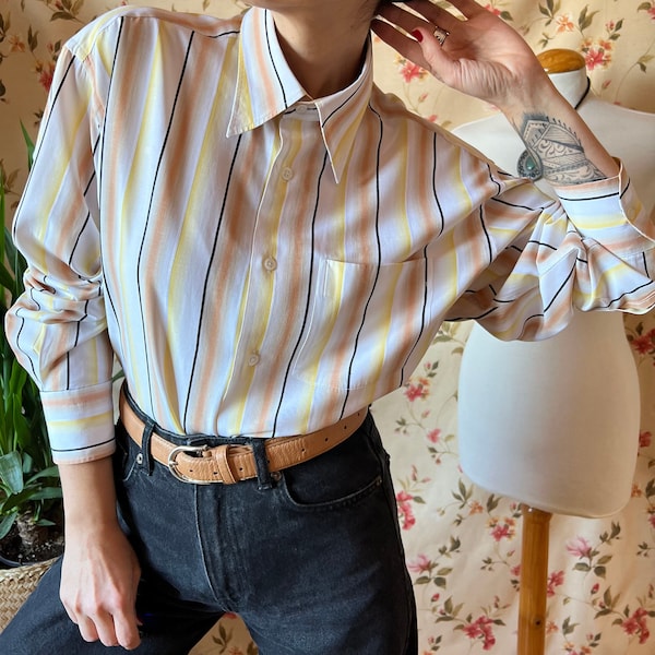 Vintage business shirt 90s dagger collar office outfit non binary buttonup preppy funky plus cotton work pointy autumn boyfriend top 3XL 2XL