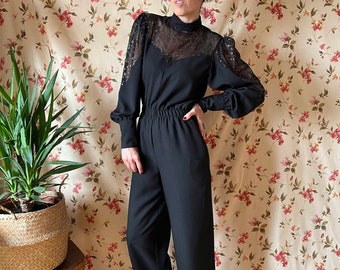 Vintage glam rock glitter jumpsuit 70s, baroque evening disco elegant star overall festival studio party cocktail 80s puff sheer catsuit S