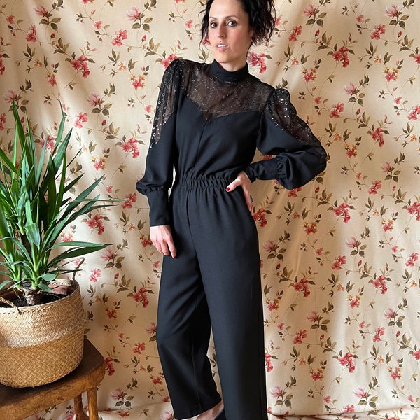 Vintage glam rock glitter jumpsuit 70s, baroque evening disco elegant star overall festival studio party cocktail 80s puff sheer catsuit S