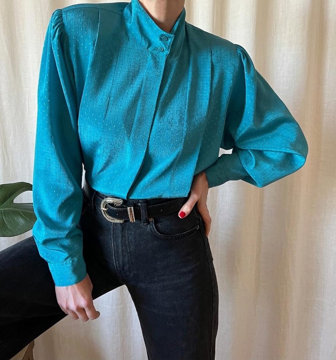 Vintage Shiny Disco Blouse 2XL 80s, Metallic Shoulder Pad