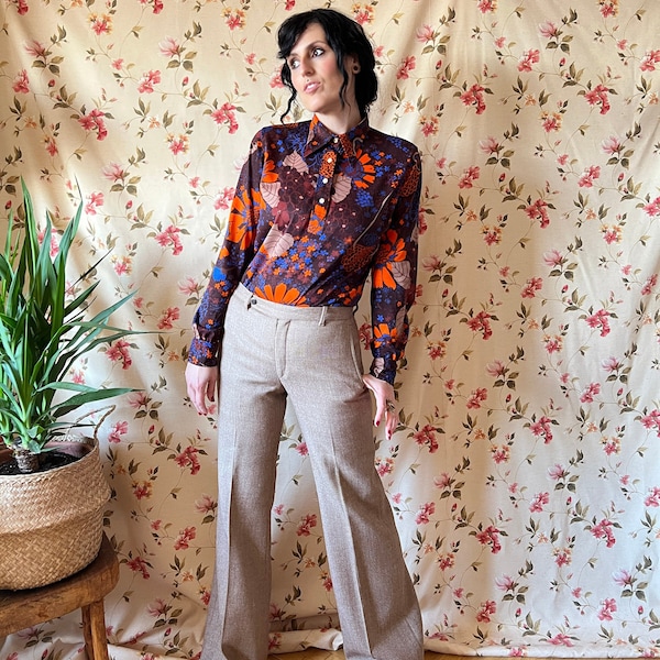 Pantalon large en laine vintage des années 70, tenue de bureau décontractée des années 70, costume rétro évasé, secrétaire de bibliothécaire, travail mod pantalon preppy taille haute S M