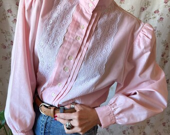 Vintage romantic high neck pink shirt XL 80s, puffy sleeve gibson girl Edwardian lace antique milkmaid pastel feminine babydoll gunne top