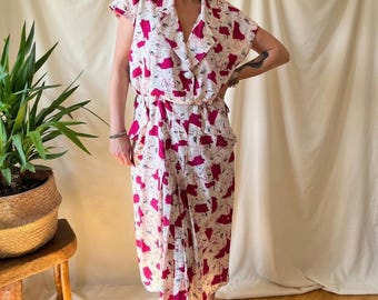 Sukienka vintage midi z satyny raglanowej, lata 80., drapowana, w kolorze fuksji, z konfetti, na imprezę, wiosnę, lato, retro