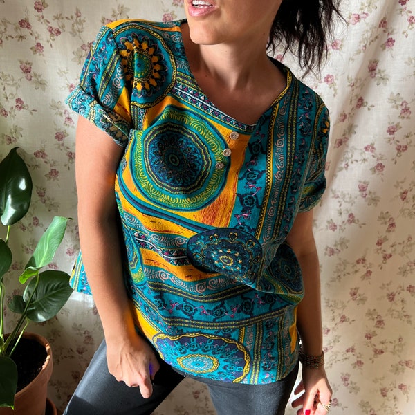 chemise ethnique vintage coton indien mandala maori africain psychédélique aztèque des années 90 summer fest Tribal tank turquois graphique néon mexicain haut L