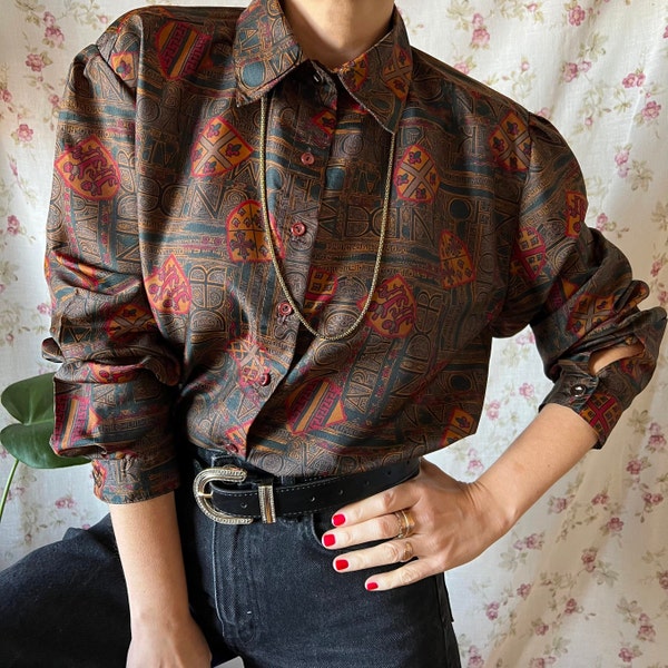 Vintage baroque bohemian shirt medieval latin print 80s dark academia button up plus artsy balloon shiny mustard moss non binary top 3XL 46