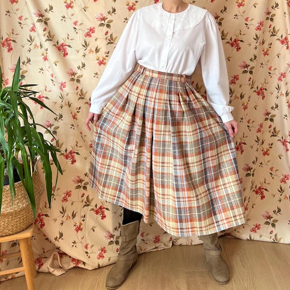 Vintage Midi Pleated Plaid Skirt Plus Size 80s 2XL, Tartan Flannel