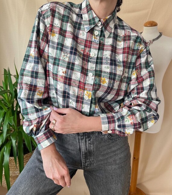Vintage Tyrolean Plaid Shirt M, Gössl Dirndl Top Austrian Folk 