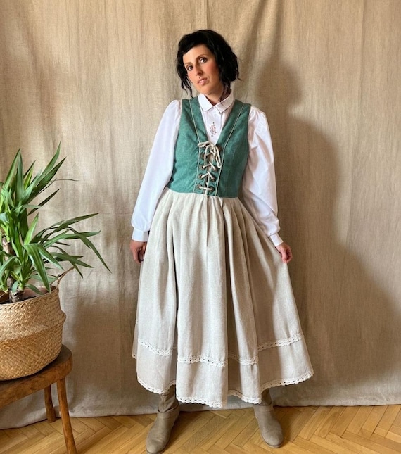 corset pinafore dress Vintage Dirndl Linen Corset Dress M, Trachten Pinafore Austrian Folk  Pioneer Cottagecore 80s