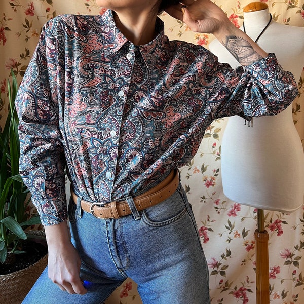 Vintage Indian floral plus size shirt, button up 90s cotton artsy baroque colourful bohemian 70s indigo chic office non binary large top 3XL