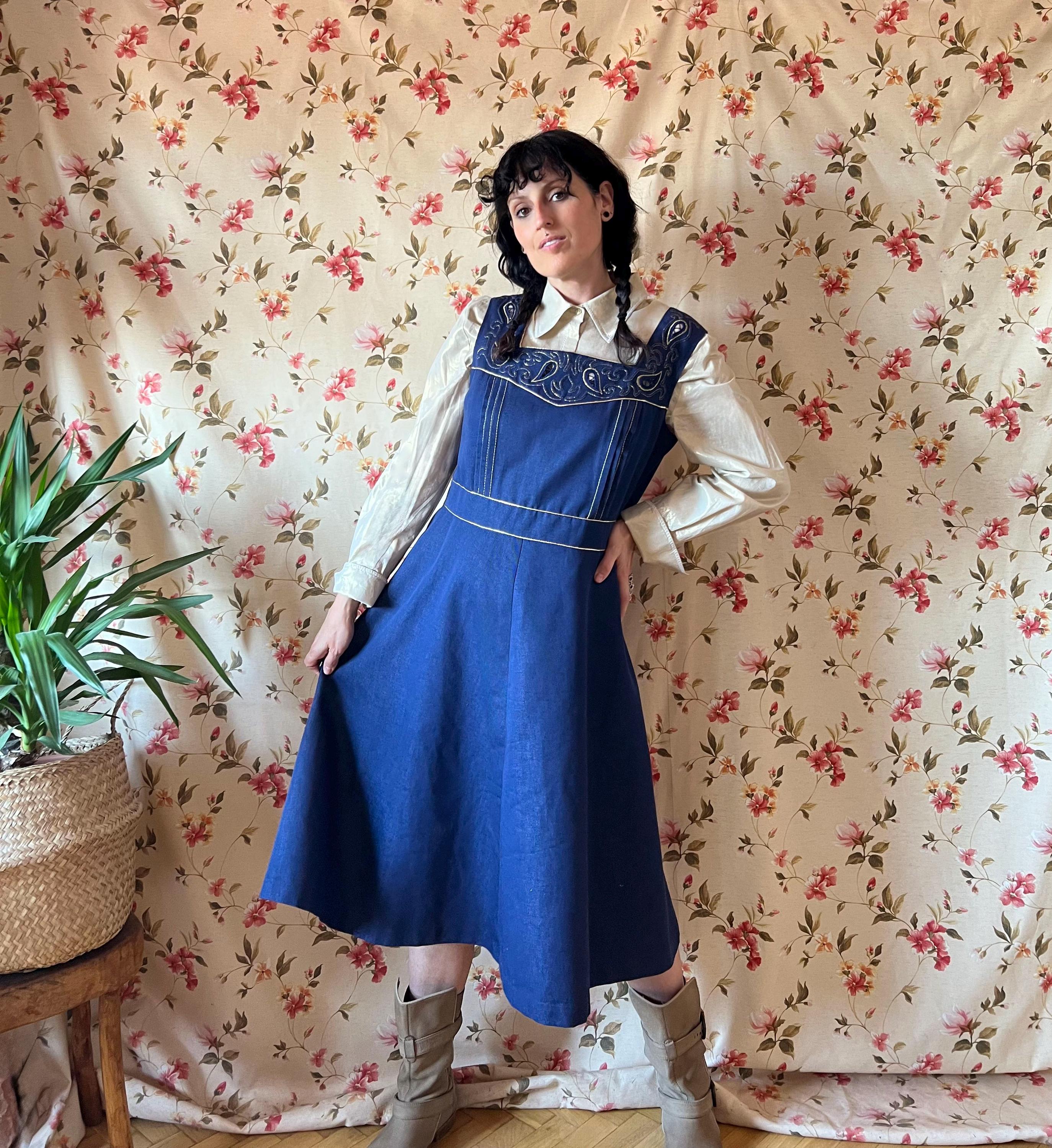 Vintage Denim Pinaore Dress XL 60s, Gold Embroidery 70s Midi