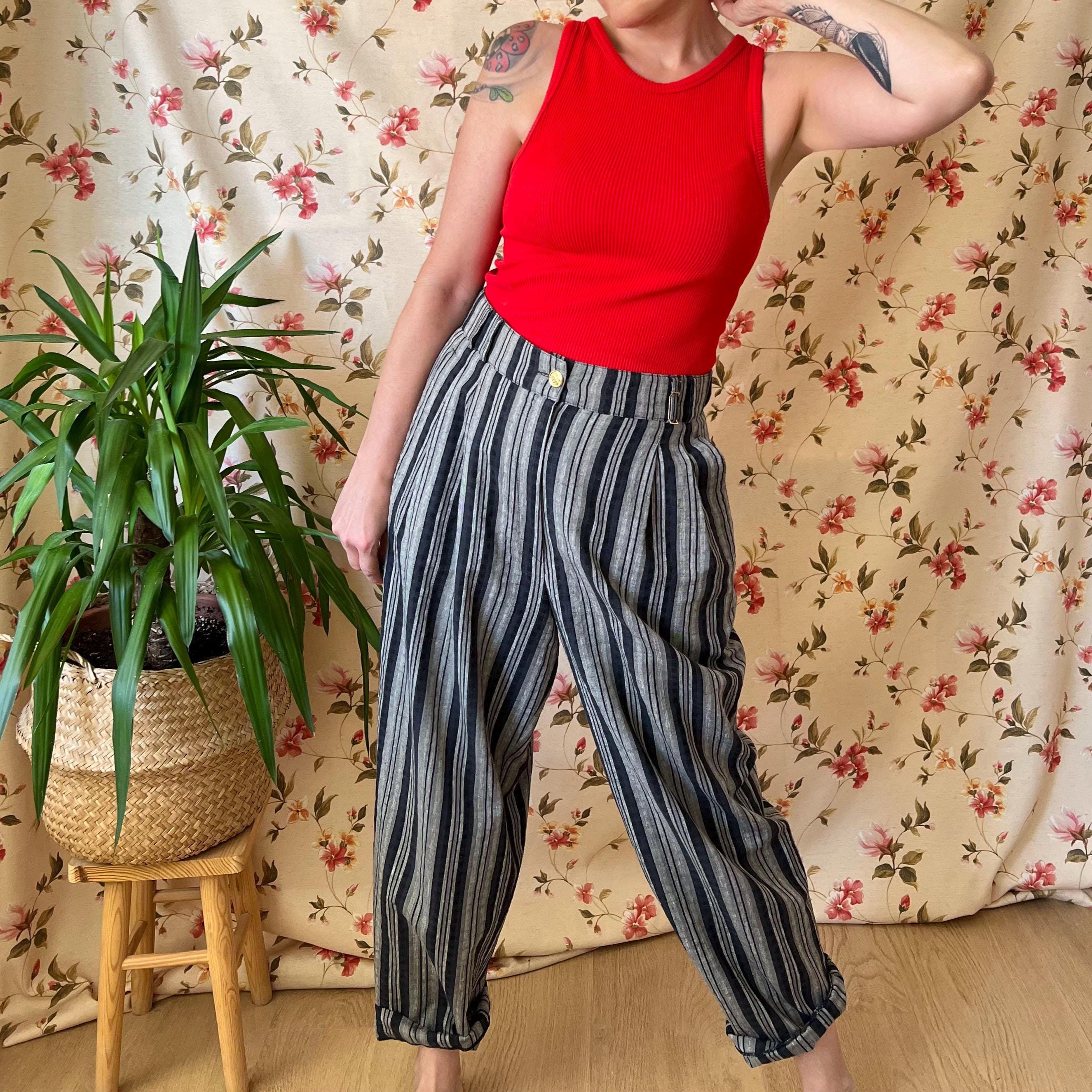 Vintage Clown Circus Pants L 90s, High Waist Linen Slacks Pleated