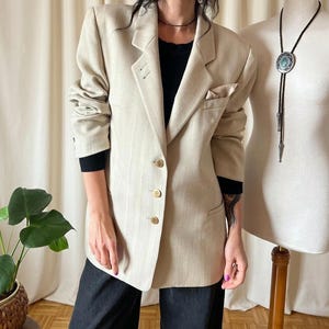 Vintage oversized wollen blazer XL jaren 90, androgyne kantoorjas zakelijk casual preppy winterjas